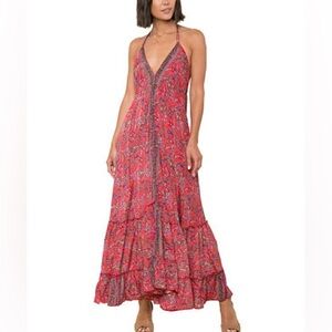 Anthropologie RAGA Open Back Maxi Dress Halter Top Red Paisley Ruffle Tassel M